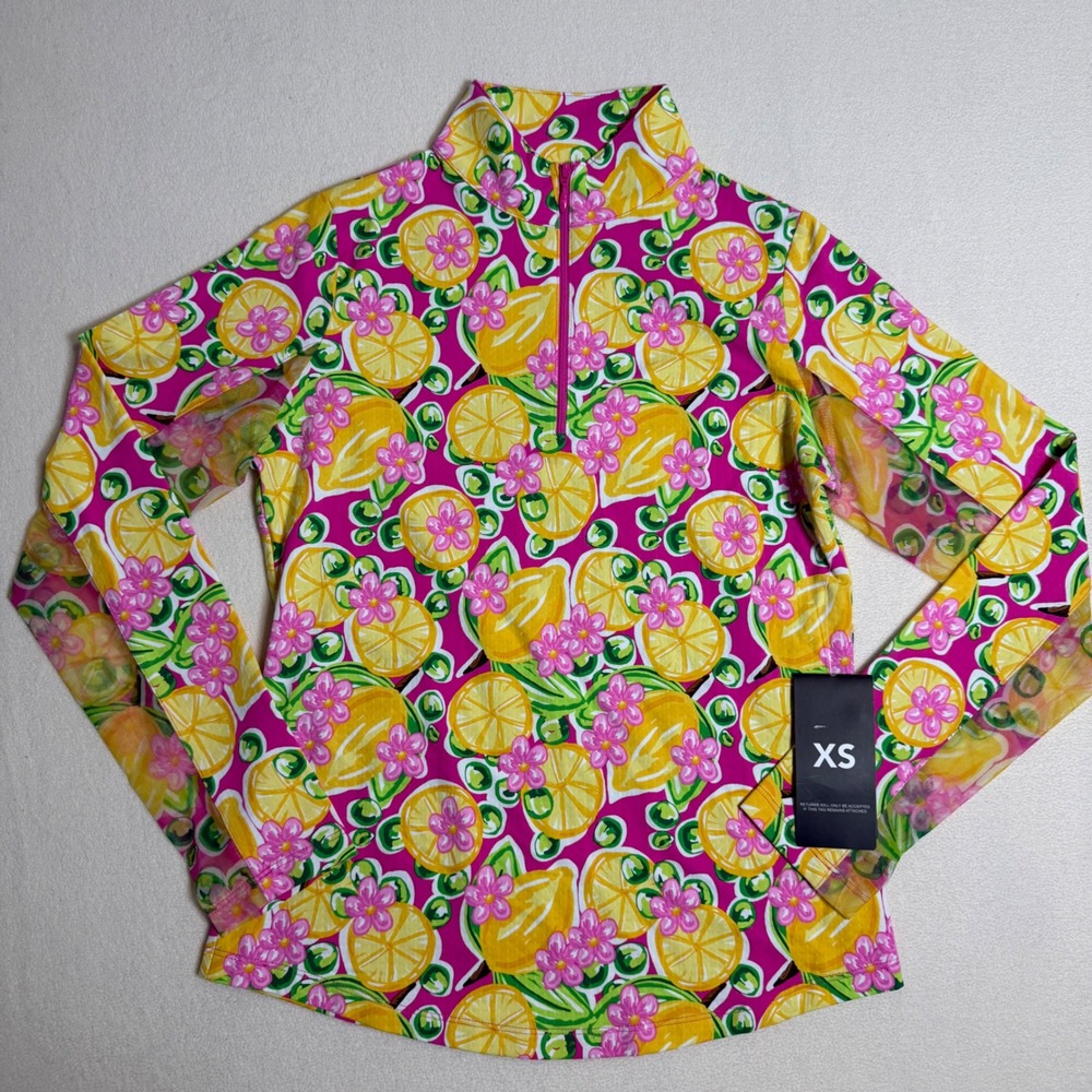 IBKUL SPF 50+ Long Sleeve Zip‎ Mock Neck Top Lemons Calista Hot Pink Yellow XS